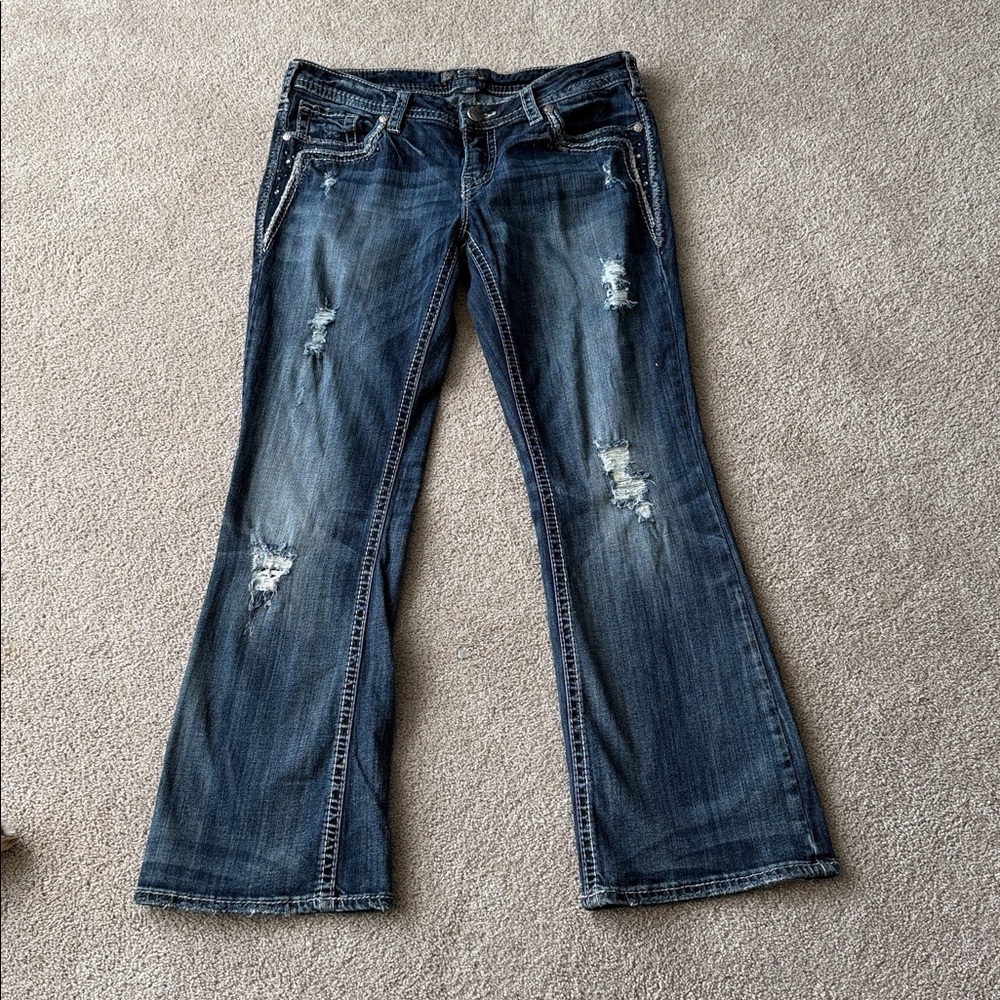 Silver Aiko Boot Cut Jeans Women's 33 Faded Embellished Retro Y2K Vibes Low Rise